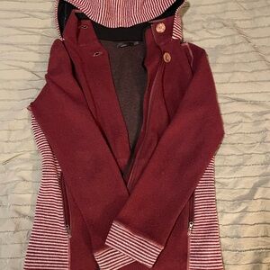 Prana Burgundy Cardigan with Striped Hood and Cuffs-women’s L